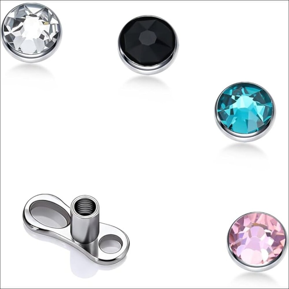 Titanium Dermal Piercing Jewelry Set with 4 Gem Tops